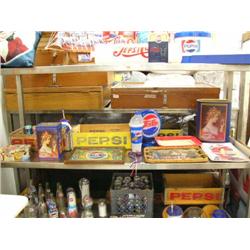 Large lot of Pepsi-Cola memorabilia 20 plus pieces: commemorative Pepsi cans, wood crates, serving t