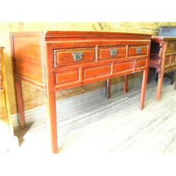 c.1850 3-drawer oak table with red finish height 35", length 52", depth 23" (300)