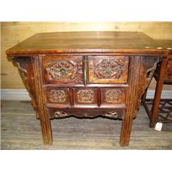 2-drawer entry way table with carved front c.1860 h.32", l.41", d.28-1/2" (300)