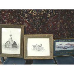 Lot of 3 prints: 2 are Russian churches; 1 is poster for USS Alaska (39)