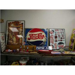 Large lot of approx. 25 pieces of Pepsi-Cola memorabilia including signs, trays, and assorted collec