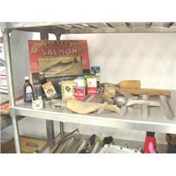 Alaska Brand Salmon tin sign, lot of old spice boxes, assorted wood and metal kitchen items (39)