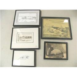 Lot of 5 Alaska Native original pen and inks- 3 by Robert Mayokok, 1 by Killigivuk, 1 drawing of wal
