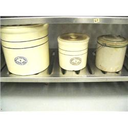 Lot of 3 crocks- 1 is 4 gal. made by Miali Pottery from El Monte, CA; 2nd is 1-gal pot by Miali Pott