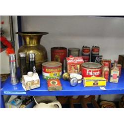 Brass spittoon; collection of 3 flashlights; collection of old tins 2 are Log Cabin syrup cans (39)