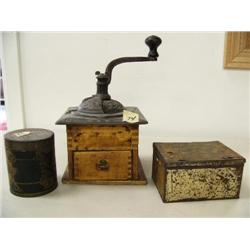 Antique coffee grinder; old White House tea tin; Reinhardts cut-heart tobacco tin (39)