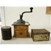 Image 1 : Antique coffee grinder; old White House tea tin; Reinhardts cut-heart tobacco tin (39)
