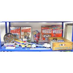 Collection of approx. 25 Pepsi-Cola collectibles: wood plate, cans, cars, trucks, alarm clock, scarf