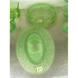 Green depression cake plate 10" Madrid pattern footed; 12" oval serving platter with etched glass de