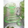 Image 4 : 18 pieces of green depression glass: covered candy dish; salt and pepper shakers; salt dips; toothpi