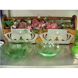 Wood decorative box; 2 green etched glass bowl- 1 is 12" and other is 9" (39)