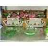 Image 1 : Wood decorative box; 2 green etched glass bowl- 1 is 12" and other is 9" (39)