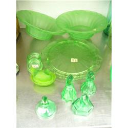 10-pieces of green depression glass: two 10" glass light shades; 10" Cherry Blossom footed cake plat