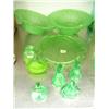 Image 1 : 10-pieces of green depression glass: two 10" glass light shades; 10" Cherry Blossom footed cake plat