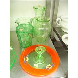 5 pieces of green depression glass: candy dish with handle; ice bucket with lid 6"; 6" water jug; 8"