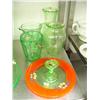 Image 1 : 5 pieces of green depression glass: candy dish with handle; ice bucket with lid 6"; 6" water jug; 8"
