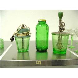 Extremely rare lot green depression glass: 3-cup mixer hand operated, 2-cup mixer electric, green ju