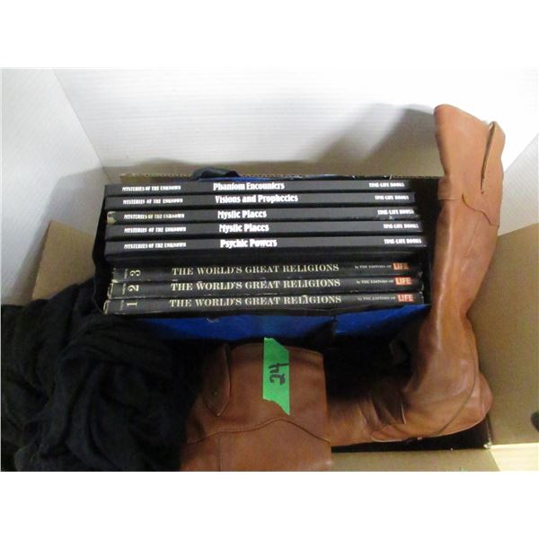 BOX C/W BOOKS & BOOTS (SIZE 9)