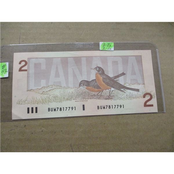 1986 POKER HAND SERIAL NUMBER CANADA $2 BILL