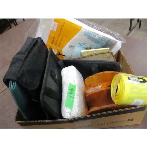 BOX C/W TAPE, PAPER COVERALLS, MOP, MISC