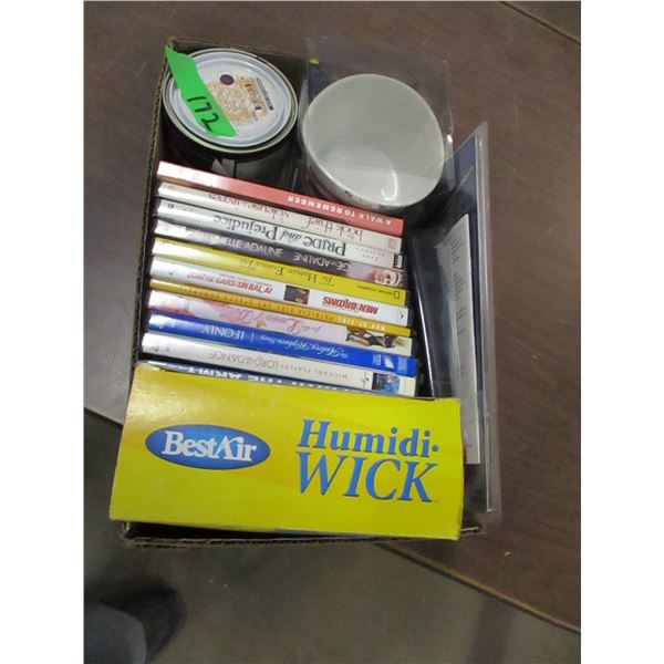 BOX C/W DVD'S, PAINT, FONDUE SET, ETC