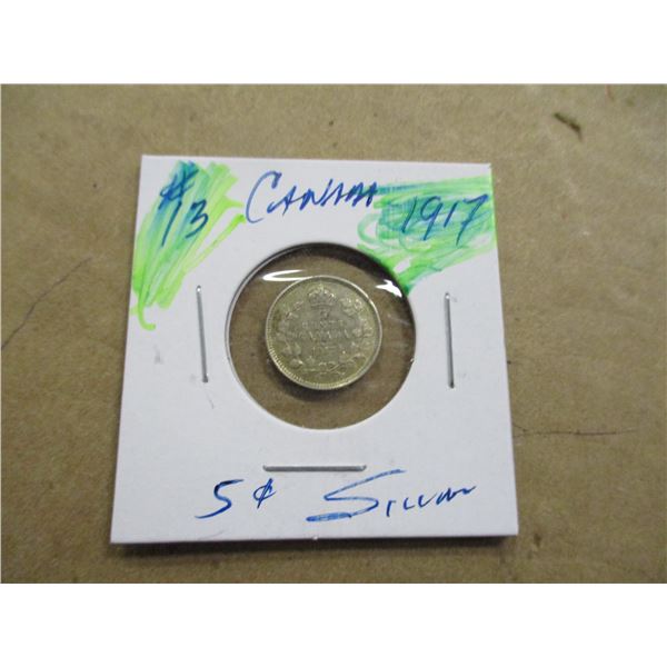 1917 CANADA KING GEORGE V SILVER FIVE CENT COIN