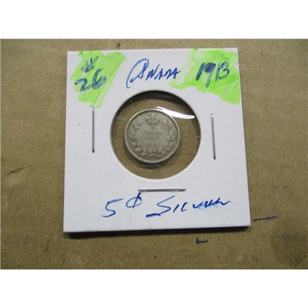 1913 KING GEORGE V CANADA SILVER FIVE CENT