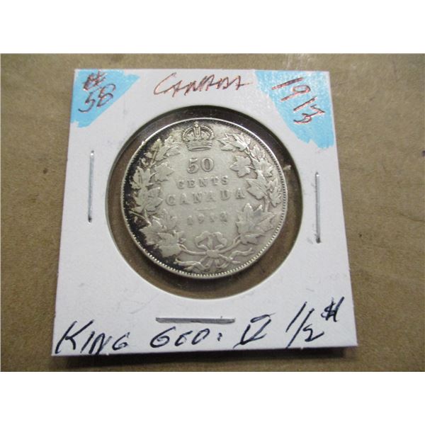 1913 CANADA KING GEORGE V SILVER HALF DOLLAR