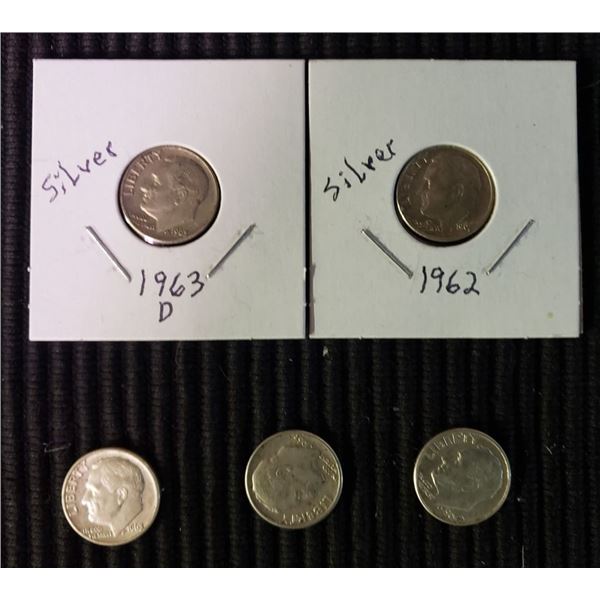 5 Silver Roosevelt Dimes, Random Dates, At Least Good Condition