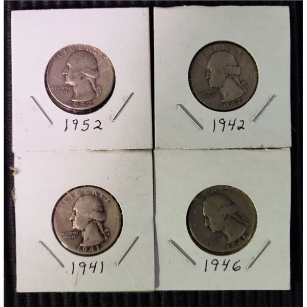 4 Silver Washington Quarters, Random Dates, At Least Good Condition