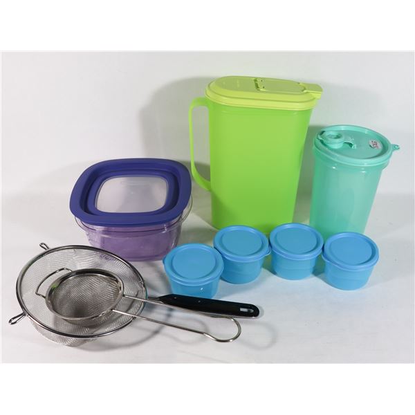 TUPPER WARE JUICE JUG, CUPS, FOOD CONTAINER