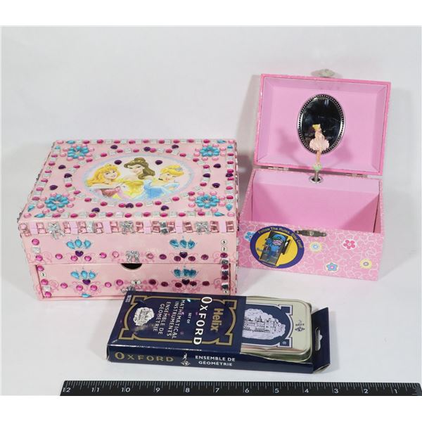 FLAT OF KIDS ITEMS, COMPASS SET, JEWELRY BOXES