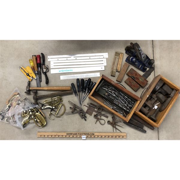 JOB LOT - INCL BRASS HARDWARE, DRILL BITS, SCYTHE STONES, ETC