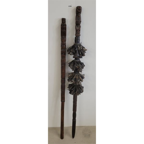 LOT OF 2 - CHAPCHAS (?) TRIBAL STAFF & TOTEM POLE STAFF