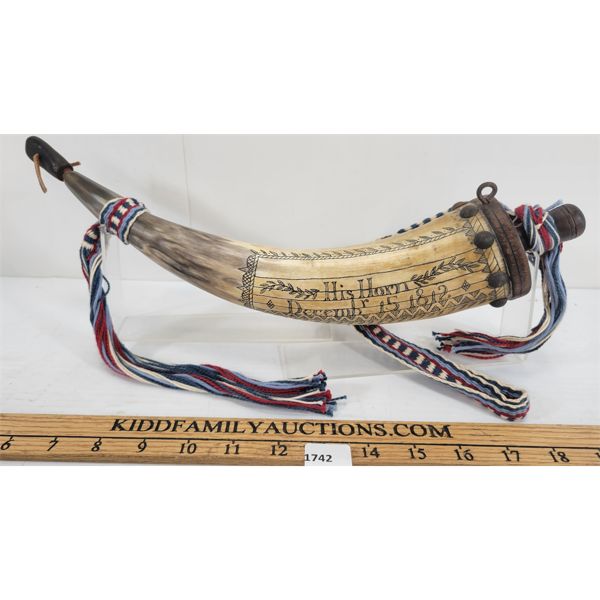 ETCHED "HIS HORN" POWDER HORN