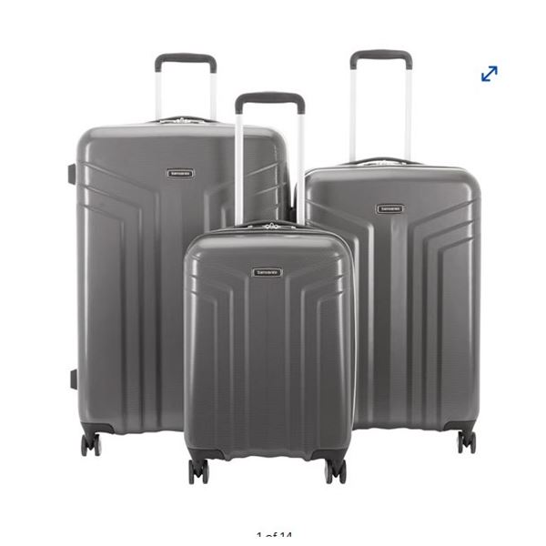 AS NEW SAMSONITE 3 PIECE SYMPHONY DLX LUGGAGE SET  CHARCOAL - RETAIL $899