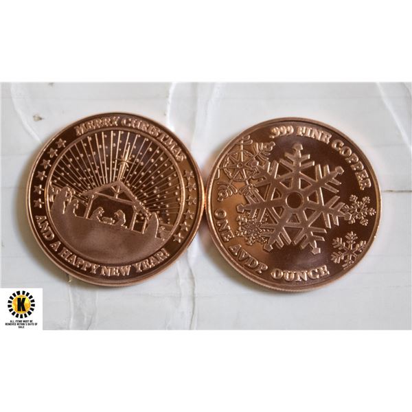 LOT OF 2 FINE COPPER .999 SNOWFLAKE/MERRY