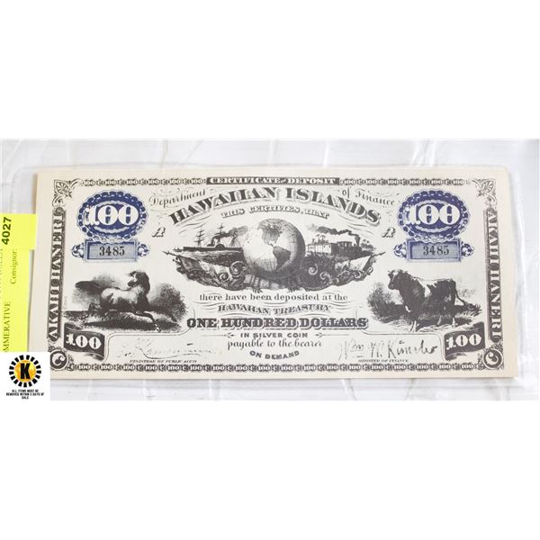 HAWAII ISLANDS $100 DOLLARS COMMERATIVE
