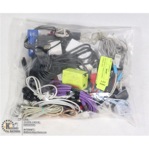 BAG WITH 17 APPLE CHARGER CORDS, AND
