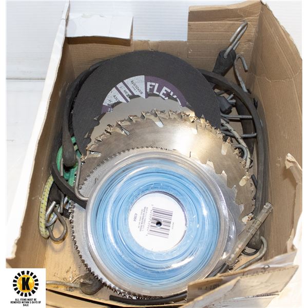 LOT OF SAW BLADES, BUNGIE CORDS, AND TRIMMER LINE