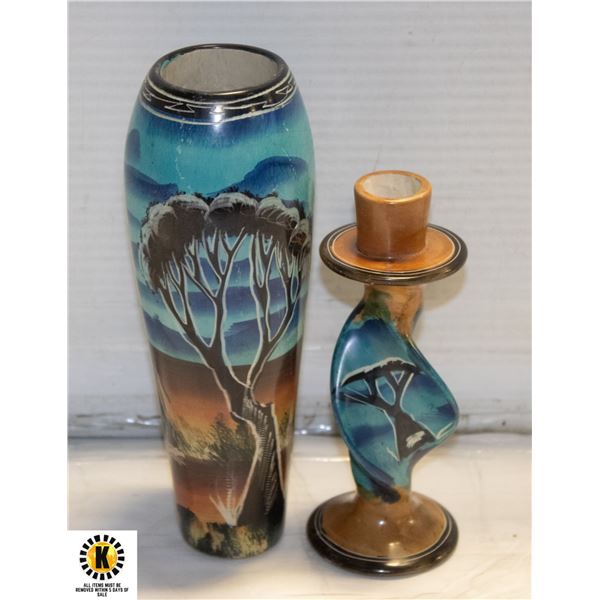 HAND PAINTED VASE AND CANDLE HOLDER (VERY HEAVY)