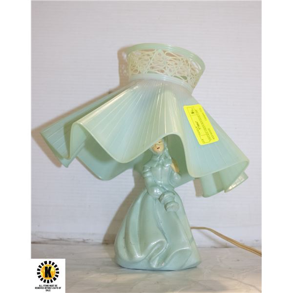 VINTAGE GREEN BOUDOIR LAMP AND SHADE