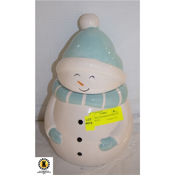 LIGHT BLUE SNOWMAN COOKIE JAR / RED MUGS