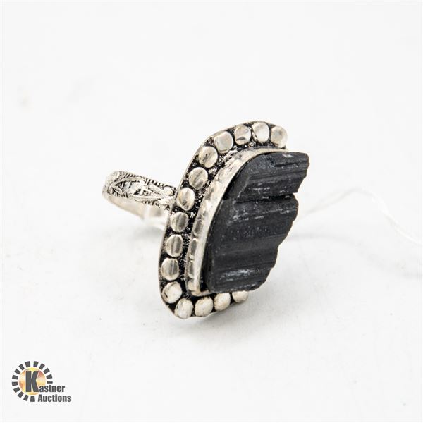#282- NATURAL BLACK TOURMALINE (RAW) RING SIZE 8