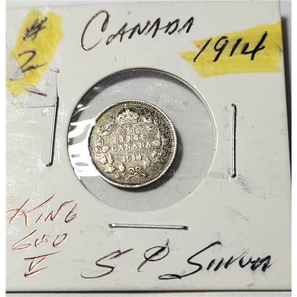 14)  CANADIAN 1914 KING GEORGE V 5 CENT COIN, 92.5