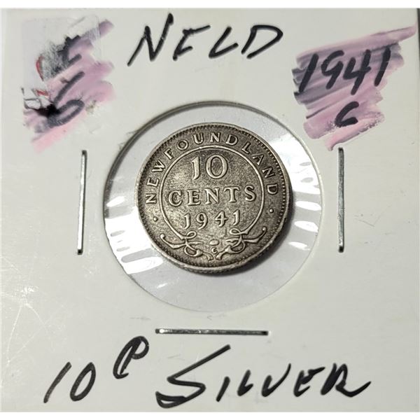 13)  NEWFOUNDLAND 1941 10 CENT COIN, 92.5% PURE