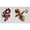Image 1 : 28)  LOT OF 2 GOLD TONE WITH RED DRAGON BROOCHES,