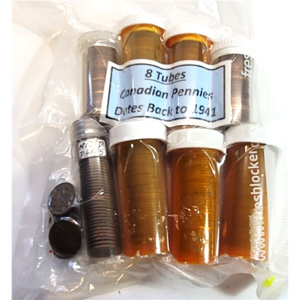 17)  LOT OF 8 TUBES OF CANADIAN PENNIES, DATING FR