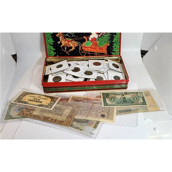 9)  CHRISTMAS TIN CONTAINING CURRENCY & COINS,