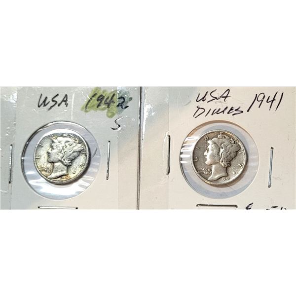 15)  LOT OF 2 USA MERCURY DIMES, WW11 ERA, 1941 &